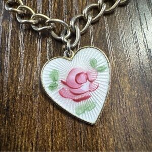 Vintage SARAH COVENTRY White Heart Charm with Red Pink Rose Dangle Cocktail